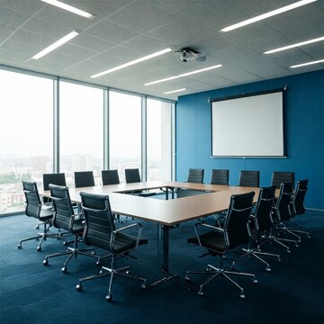 Sala de reuniones moderna con grandes ventanales que iluminan el espacio. Las paredes son azules y no hay personas presentes. La sala est&aacute; equipada con una mesa rectangular grande, sillas, etc
