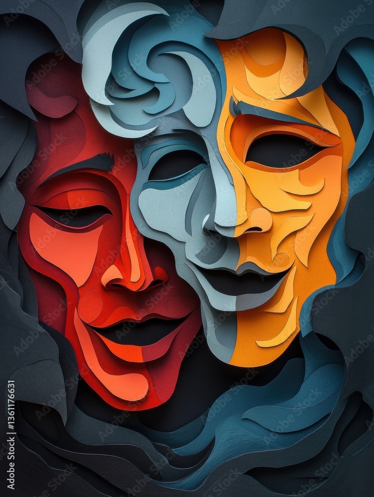 Poster stunning paper cut illustration showcasing comedy and tragedy theater masks with deep shadows and ri