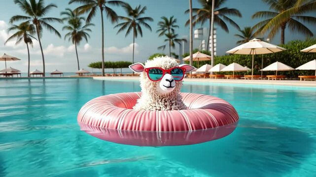 Playful sheep relaxing on inflatable ring in tropical pool. Eid al-Adha Mubarak. Kurban Bayram