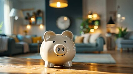 Cheerful Piggy Bank on Wooden Table Cozy Living Room Decor for Savings and Financial Planning, Creating Warm Ambiance in Your Home.