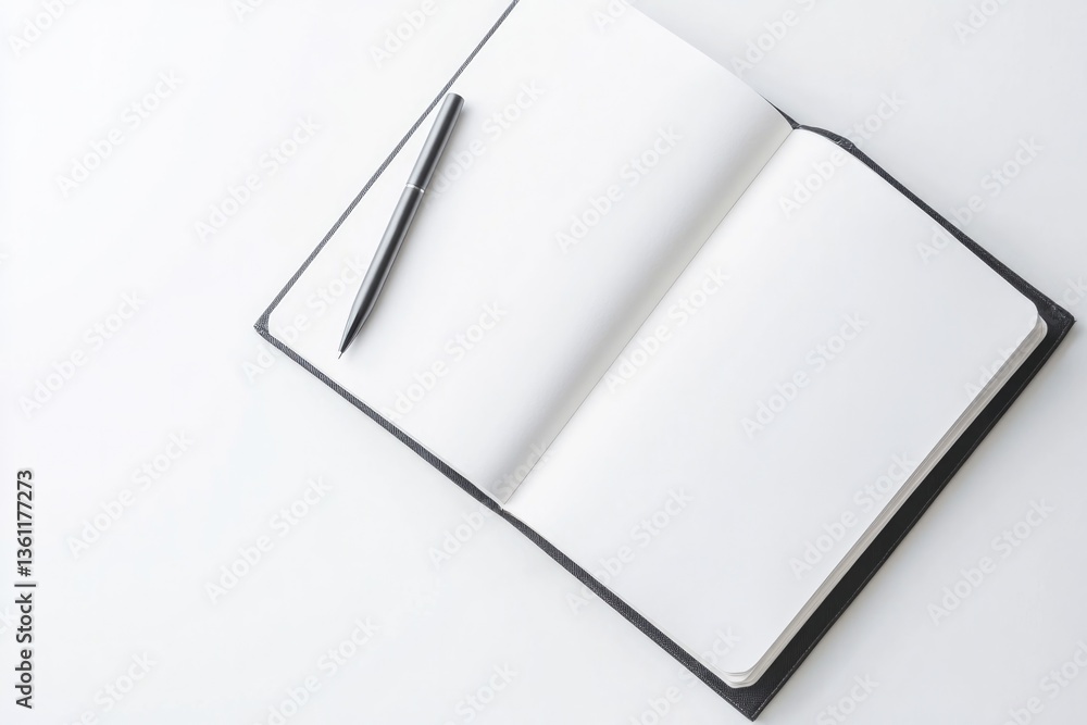 Poster minimalistic stock photo of open blank notebook with simple pen resting on page symbolizing self-ref