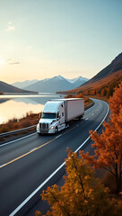 Freightliner Cascadia Driving on Scenic Highway at Sunset