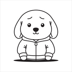 Adorable Puppy Little Dog Pet Animal Cartoon Character Wearing Jacket in Line Art with Sad Face