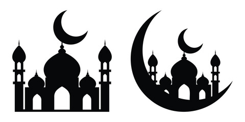 Mosque Silhouette Vector Art Islamic Crescent Moon Symbol. Representing the beauty of Eid night black and white design