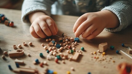 a zoomed-in perspective of a young childâ€™s hands working diligently to thread small wooden beads onto a string, with various shapes and sizes of beads scattered around the scene is set against a