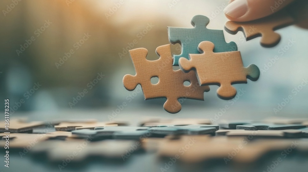 Poster puzzle pieces interlocking to symbolize the collaborative effort synergy and required for achieving 