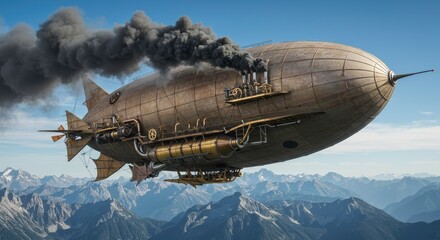 Naklejka premium Majestic Steampunk Airship Soaring Above Mountain Peaks Vintage Dirigible