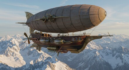 Majestic Steampunk Airship Soaring Over Snowy Mountain Peaks