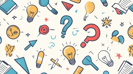 a seamless pattern showcasing various science-themed icons, including light bulbs, arrows, and question marks the design features these elements in a clean, minimalist style with a focus on vector