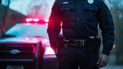 Police officer standing in front of a patrol car with the siren flashing. Featuring readiness and authority