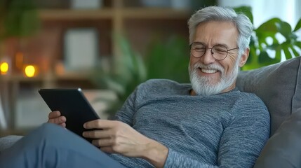 Obraz premium Elderly gentleman with gray beard and glasses sitting in a comfortable armchair peacefully reading or browsing on a digital tablet with a warm and content expression on his face