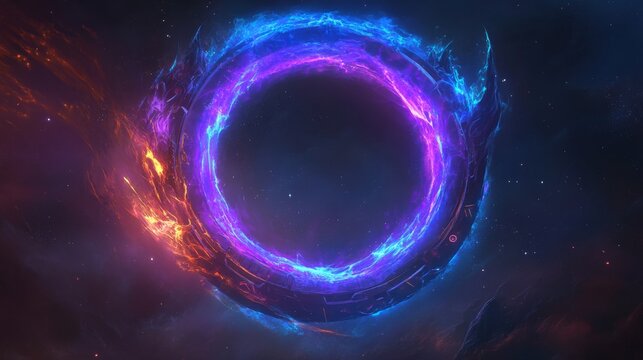 a shimmering round portal glowing with vibrant neon blue and purple light, floating against a transparent, cosmic backdrop tiny sparkles and particles of dust swirl around the portalâ€™s edge, giving