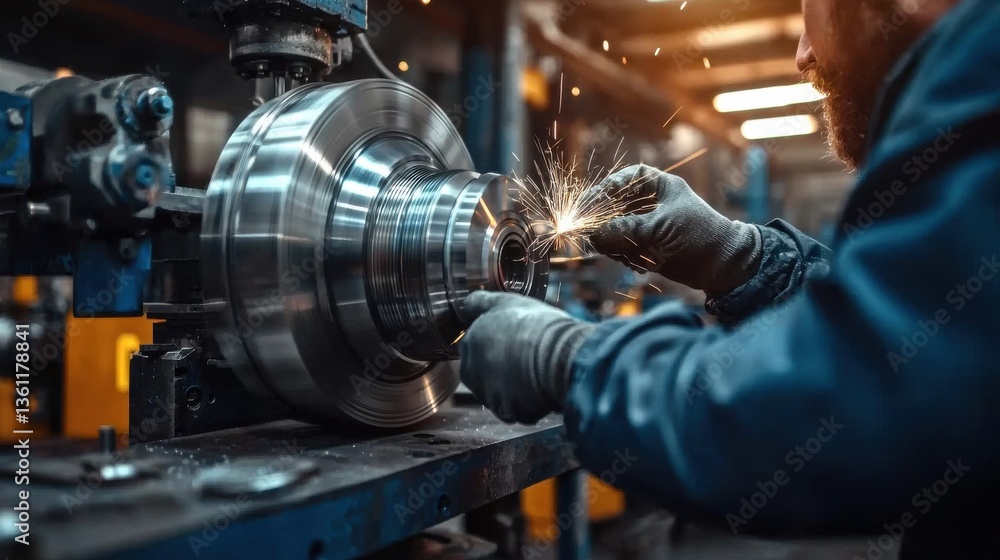 Poster close up of a skilled metalworker operating an industrial sparks while working on a metal component 