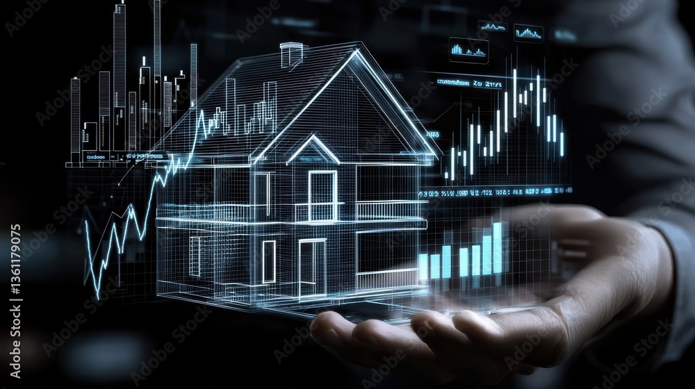 Poster innovative virtual holographic display of real estate market data financial analytics and architectu
