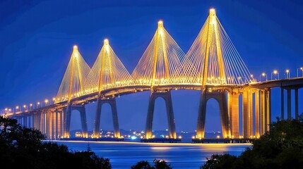 Obraz premium Illuminated cable-stayed bridge at twilight, spanning a serene waterway. Majestic architecture against a deep blue sky.