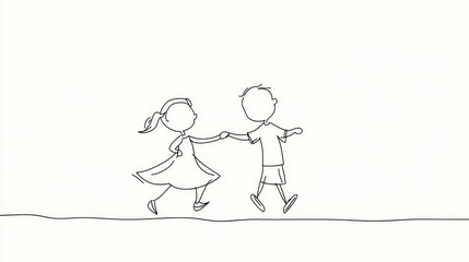 a one-line vector drawing of two happy toddlers dashing forward, their hands tightly clasped the seamless, unbroken stroke forms their lively figures, with the girl&acirc;&euro;&trade;s dress slightly lifted by her