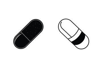 Medical Capsule Icons Two Pill Designs, Black and White