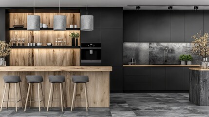 Sleek and sophisticated modern kitchen design featuring a dark color palette wooden accents and a minimalist aesthetic that creates a luxurious and elegant ambiance
