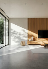 Modern Minimalist Living Room with Wood Panel Wall and Sunlight