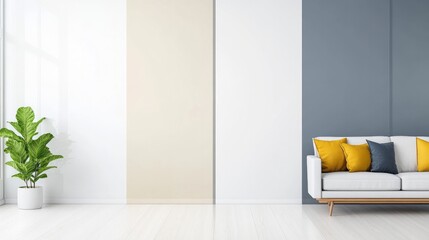 Minimalist interior with modern sofa and leafy plant decoration