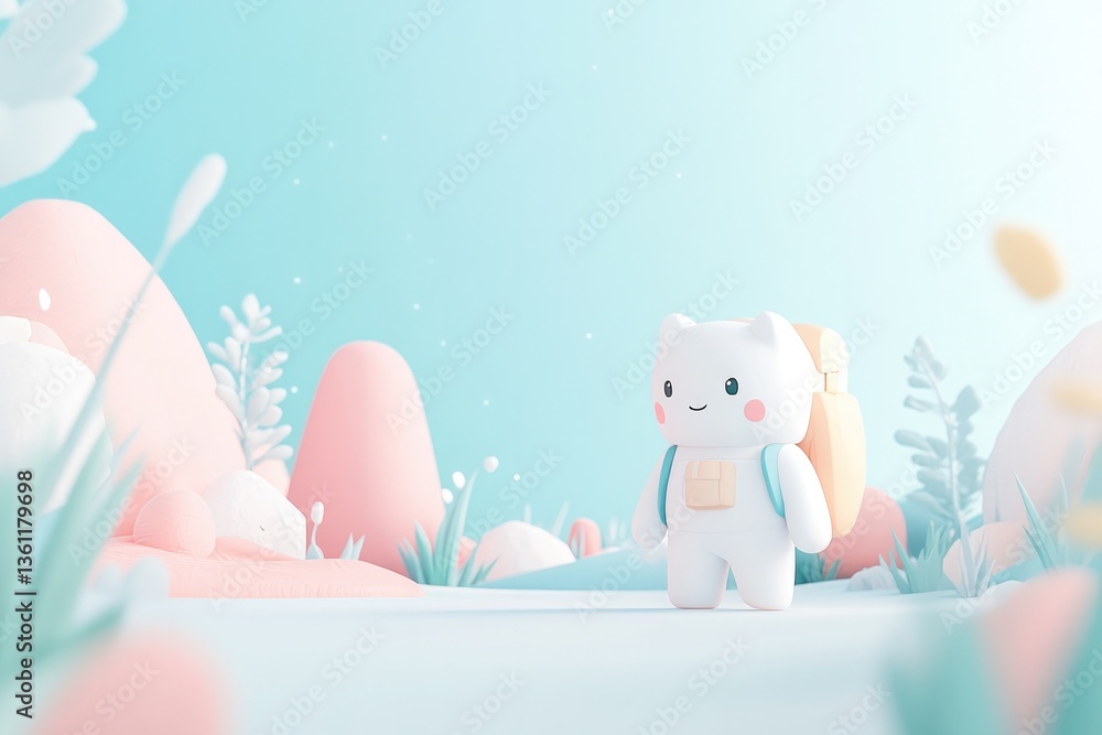 Poster create 3d illustration of whimsical character in surreal environment showcasing blend of vibrant col