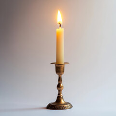 Elegant single candle in brass holder, realistic render on transparent background with soft light and shadows