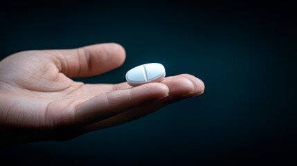 Closeup of a hand gently holding single pill, healthcare and medicine concepts