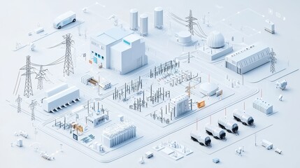 This innovative  minimalist and futuristic monochrome image depicts an abstract  isometric cityscape showcasing advanced power transmission and distribution infrastructure