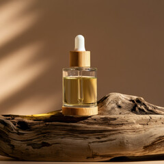 Glass Dropper Bottle with Golden Oil on Natural Wood