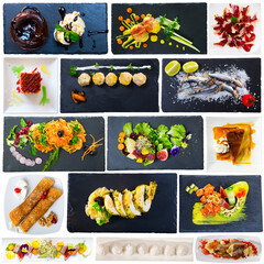 Collection of delicious restaurant and homemade dishes served on square plates isolated on white