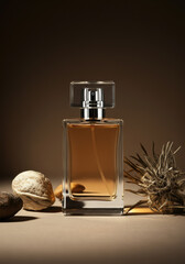 Perfume Bottle with Natural Elements on Brown Background