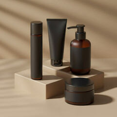 Minimal Skincare Packaging Set with Matte Black and Amber Bottles