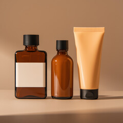 Cosmetic Packaging Mockup with Amber Bottles and Cream Tube