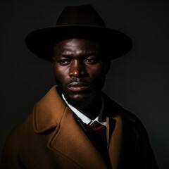 A man with a contemplative expression wears a classic overcoat and hat, bathed in dramatic lighting. The color palette evokes film noir, with a strong presence and character.
Style: Editorial male por