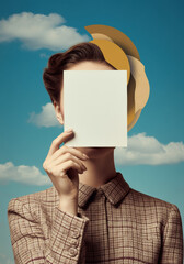 A woman holds a blank piece of paper covering her face, with geometric shapes layered around her head. The sky-blue background with clouds suggests a parallel universe where identity and expression ar