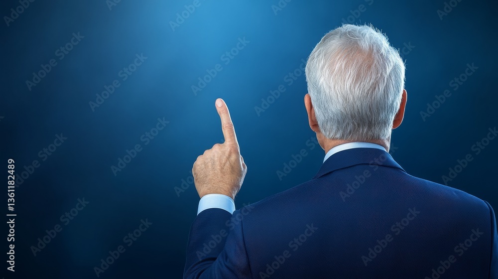 Poster businessman in a suit pointing and indicating point of interest in professional setting