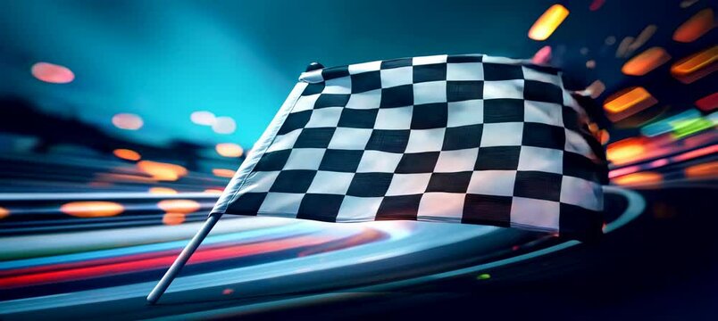Waving checkered finish flag with bokeh circuit background. Racing car sport game competition. Generative video AI technology.