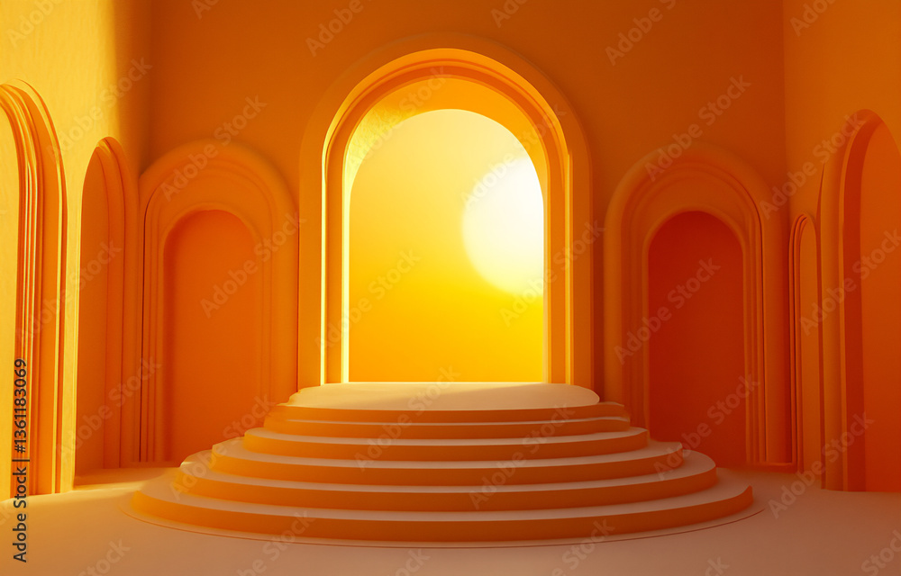 Poster minimalist plain orange background for product presentation with an empty circular podium, simple de