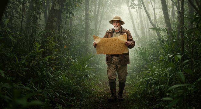 Senior Explorer Studying Map in Misty Jungle Trail Adventure Travel