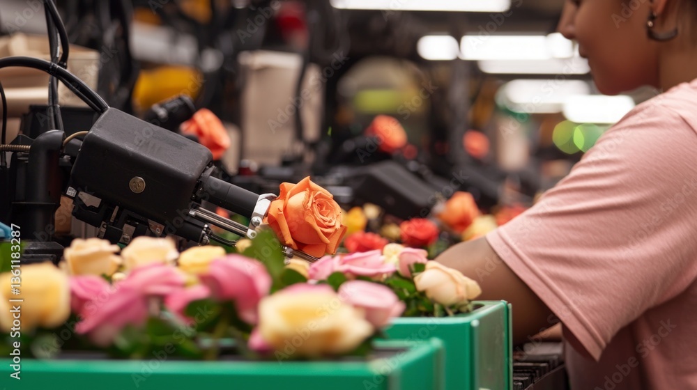 Poster automated rose sorting robotics in agriculture high tech farming flower processing
