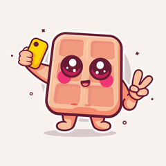 happy belgian waffle food character mascot taking a selfie with a smartphone isolated cartoon 