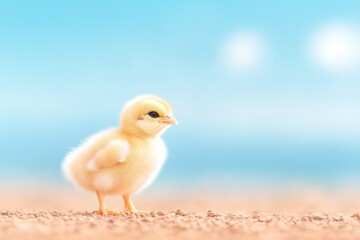 lone baby chick stands on barren ground under bright blue sky ample copy space to one side evoking vulnerability and
