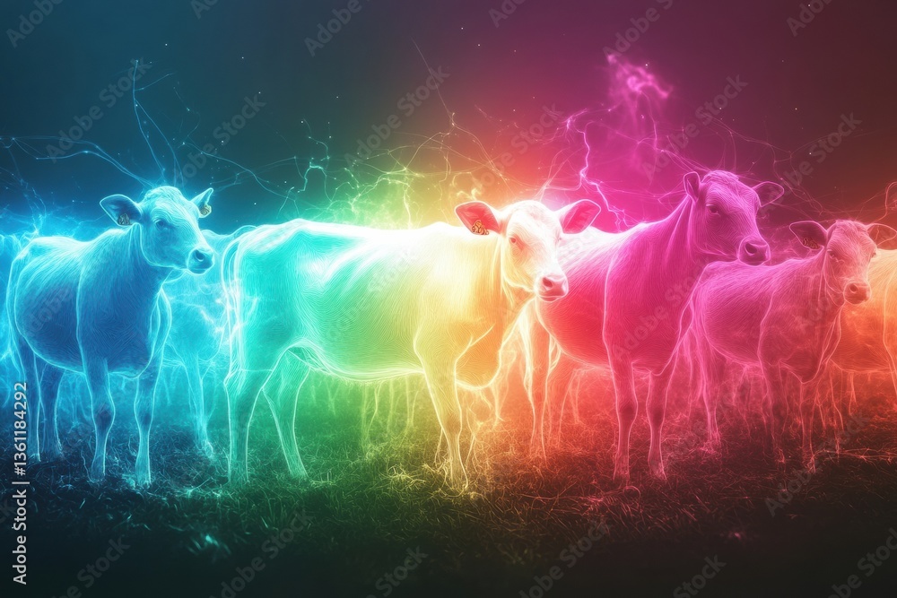 Poster surreal abstract composition of glowing farm animals creating a dreamlike atmosphere in vibrant grad