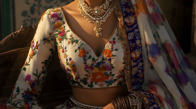 Close-up of a woman's intricately embroidered cream blouse, adorned with colorful floral patterns and a stunning pearl and gemstone necklace. The rich detail showcases exquisite craftsmanship.