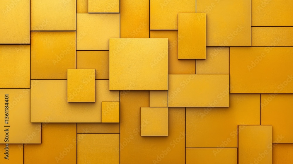 Poster vibrant yellow wall with an intriguing array of squares, a study in geometric design and modern arch