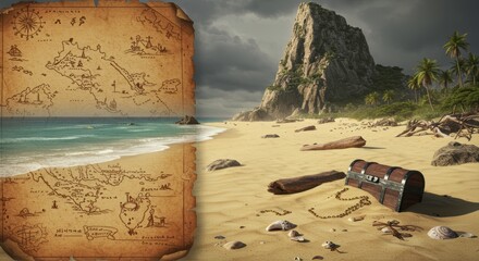 Tropical Island Beach Treasure Hunt Ancient Map Wooden Chest on Sandy Shore