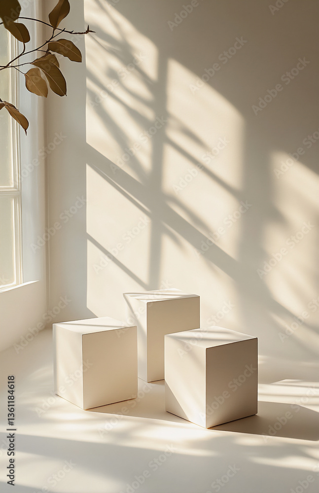 Poster minimalist white background for product display, featuring three square blocks of different sizes on