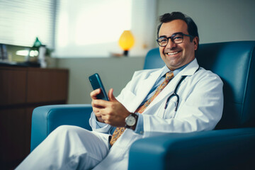 Doctor in a Lounge Area Checking Phone During a Break. Friendly Doctor in White Coat Enjoying a Quiet Moment at Work.