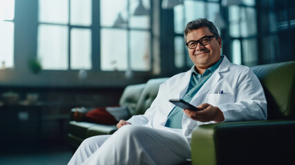Doctor in a Lounge Area Checking Phone During a Break. Friendly Doctor in White Coat Enjoying a Quiet Moment at Work.