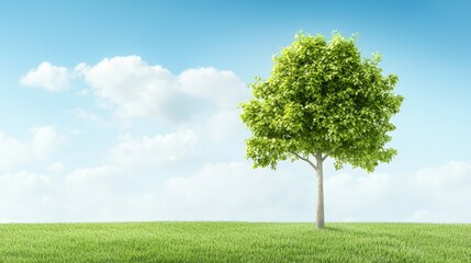 Serene landscape, a solitary tree in vast green field under clear sky
